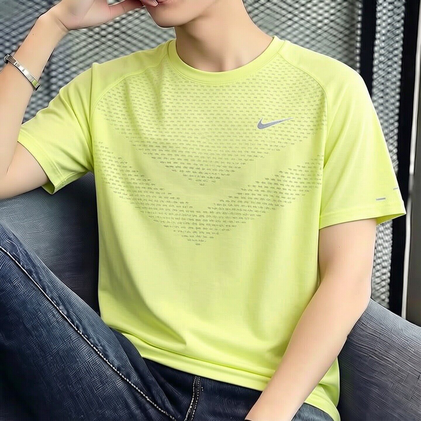 Nike耐克速干跑步短袖薄款黄绿色T恤新款男士健身上衣透气运动服
