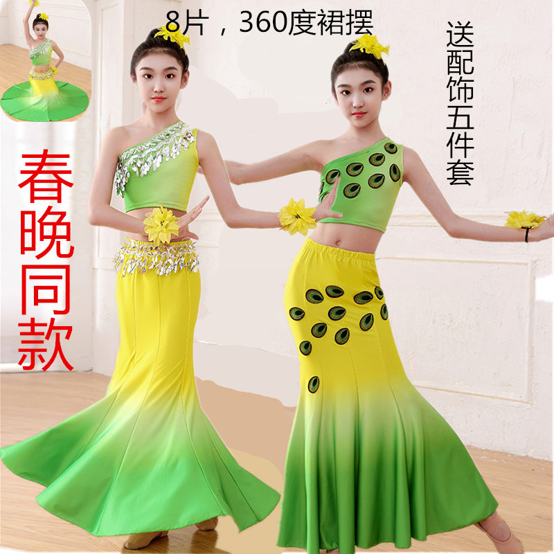 儿童成人女傣族舞蹈演出服艺考修身包臀鱼尾练功服孔雀西双版纳民