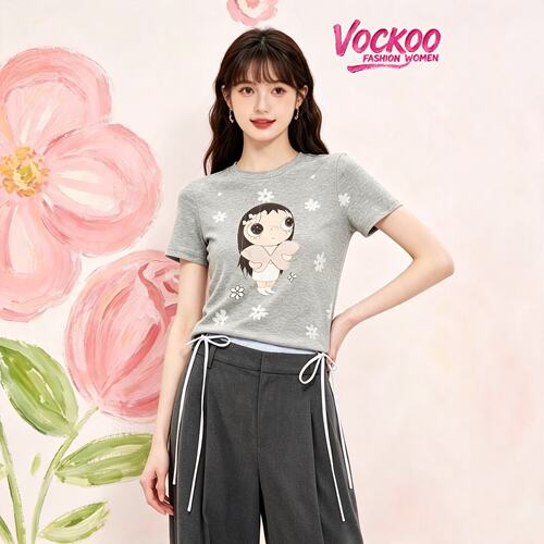 VOCKOO同款2026秋原纱纯棉百搭时尚卡通印花正肩修身短袖T恤上衣
