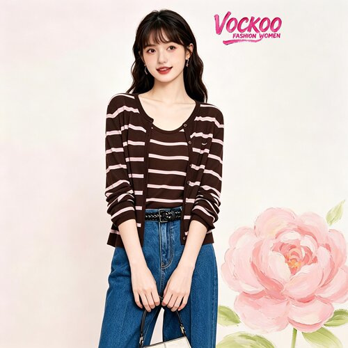 VOCKOO同款2026秋原纱气质显瘦条纹时尚针织开衫背心两件套上衣女