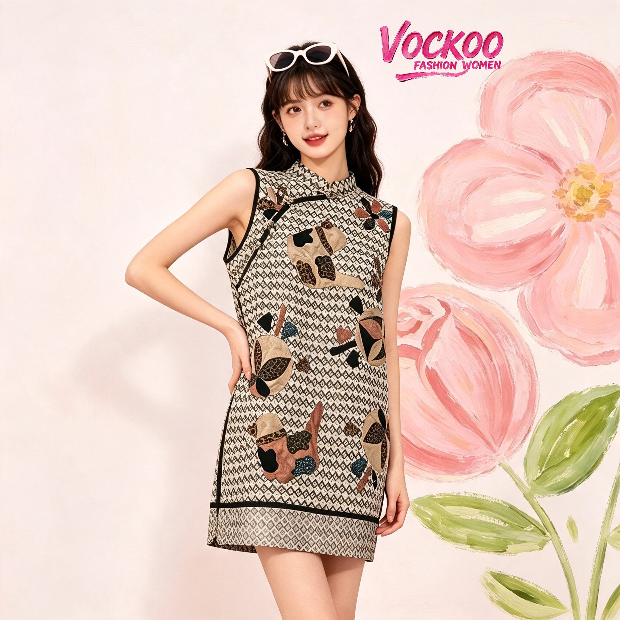 VOCKOO同款2026秋原纱修身时尚百搭积木球花刺绣图案旗袍连衣裙女