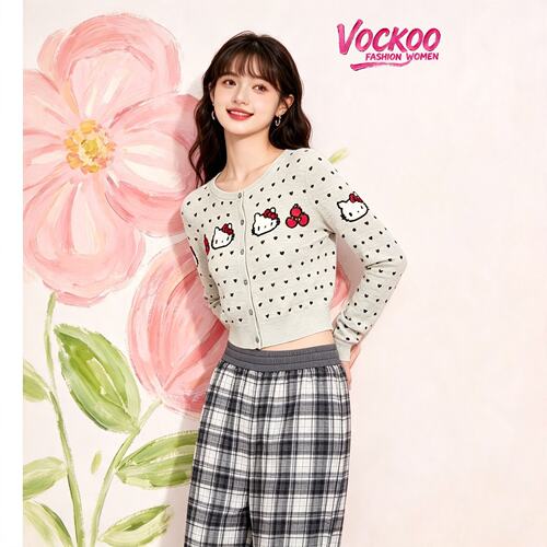 VOCKOO同款2026秋原纱Hello猫百搭时尚拼豆Kitty猫短款针织开衫女