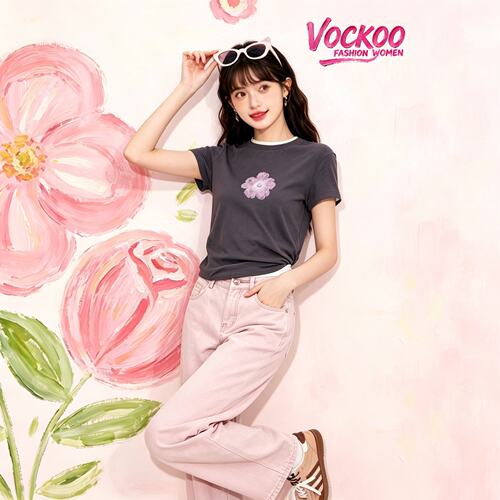 商场同款26夏Vockoo童趣涂鸦刺绣印花宽松短袖T恤上衣女2K2BA03X