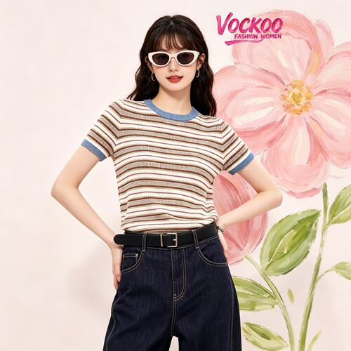VOCKOO同款2026秋原纱时尚显瘦复古条纹正肩修身上衣女短袖针织衫
