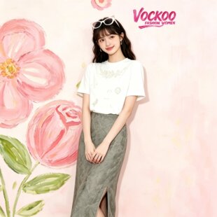 商场同款26夏Vockoo百搭纯棉插肩袖刺绣图案短袖T恤上衣2K2BA66D