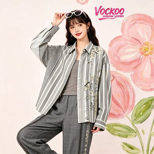 VOCKOO同款2026秋原纱时尚宽松中式意境刺绣条纹拼接衬衫上衣女