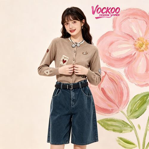 VOCKOO同款2026秋原纱时尚百搭复古趣味图案正肩上衣女长袖针织衫
