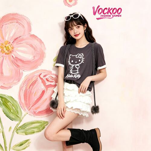 商场同款26秋Vockoo百搭Kitty猫毛球披肩卷边袖宽松T恤71001065T