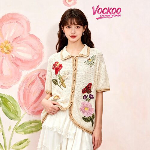 VOCKOO同款2026秋原纱时尚宽松百搭时尚手作钩针昆虫花卉毛开衫女