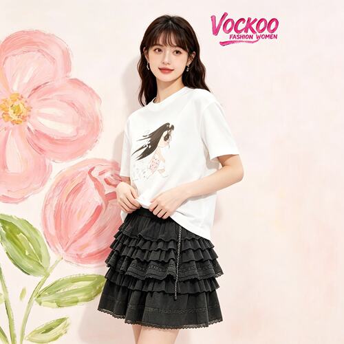 VOCKOO同款2026秋原纱百搭时尚卡通图案简约棉质T恤短袖上衣女