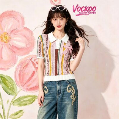 VOCKOO同款2026秋甜美清新多巴胺撞色条纹polo领短袖针织套头上衣