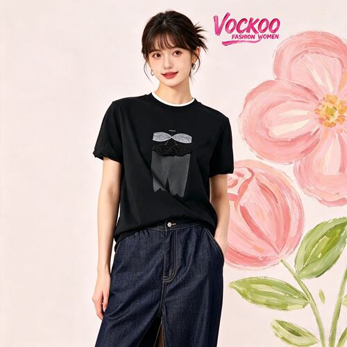 VOCKOO同款2026秋原纱纯棉宽松经典立体刺绣图案短袖T恤上衣女