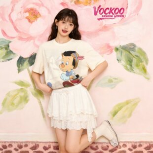 商场同款26夏Vockoo百搭时尚宽松印花皮诺曹短袖T恤上衣女YD1253T