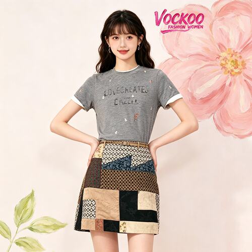 VOCKOO同款2026秋原纱纯棉正肩合身刺绣小物件图案短袖T恤上衣女