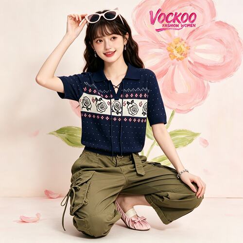 VOCKOO同款2026秋原纱时尚百搭地球女孩复古花卉polo领毛衫针织衫
