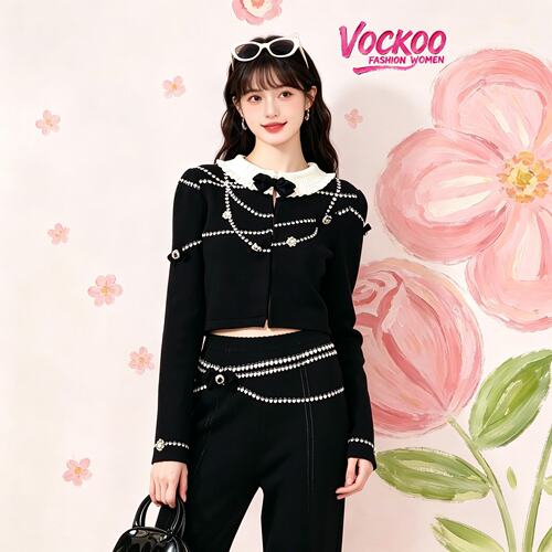 VOCKOO同款2026秋原纱时尚百搭高知miu系荷叶针织开衫外套上衣女
