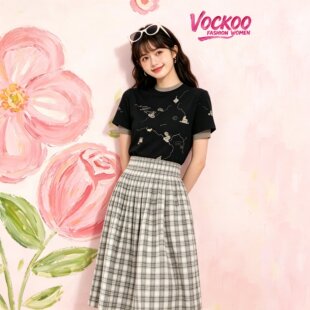 商场同款26夏Vockoo棉麻混纺经典刺绣图案短袖T恤上衣女2K2BA65A