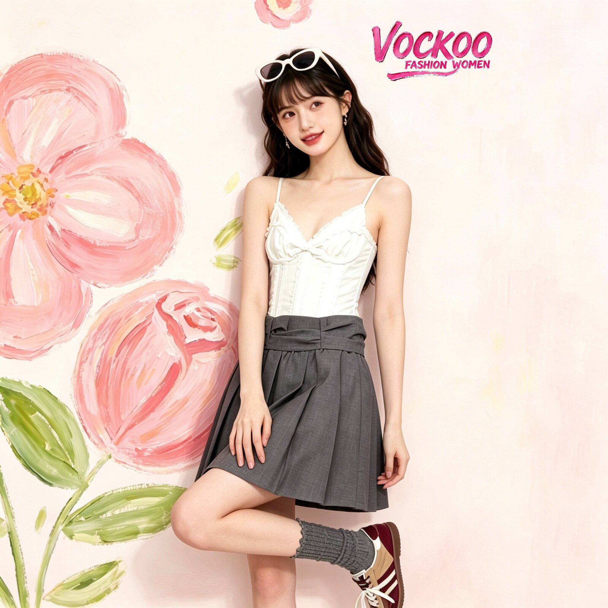 商场同款26夏Vockoo甜美优雅时尚褶皱胸衣吊带连体衣裙子DFTO05L