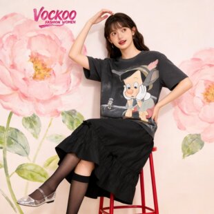 商场同款26夏Vockoo百搭时尚宽松印花皮诺曹短袖T恤上衣女YD1253C