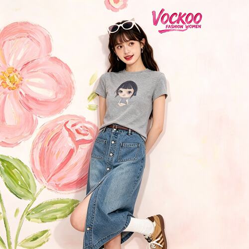 商场同款26夏Vockoo时尚百搭简约卡通印花休闲短袖T恤女2K2BA89X