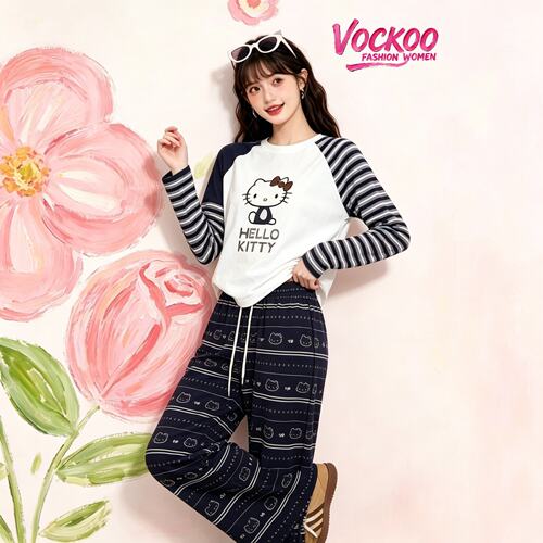 商场同款26秋Vockoo百搭时尚Kitty猫蝴蝶结不对称T恤女71001085T