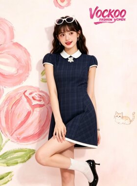 商场同款26夏Vockoo学院复古时尚百搭收腰短裙子连衣裙女3K2OB43L