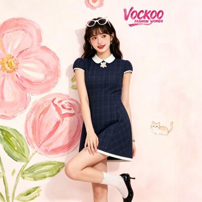 商场同款26夏Vockoo学院复古时尚百搭收腰短裙子连衣裙女3K2OB43L