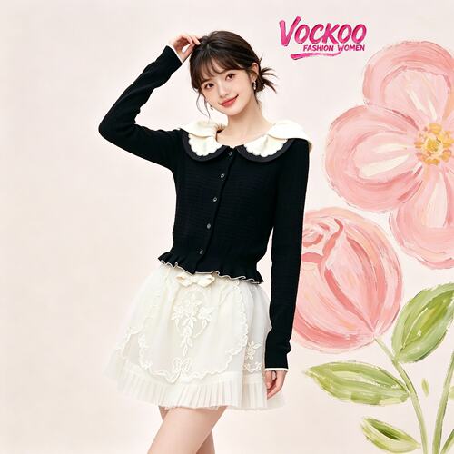 VOCKOO同款2026秋原纱显瘦时尚刺绣花瓣领长袖针织开衫女外套上衣