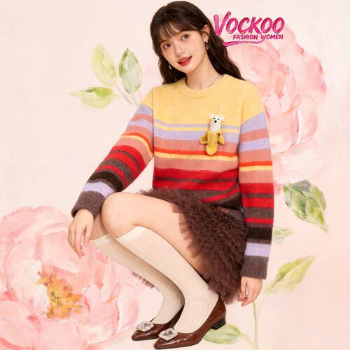 丁程鑫同款26春Vockoo百搭宽松晚霞香蕉熊套头毛衣女上衣MY026Q