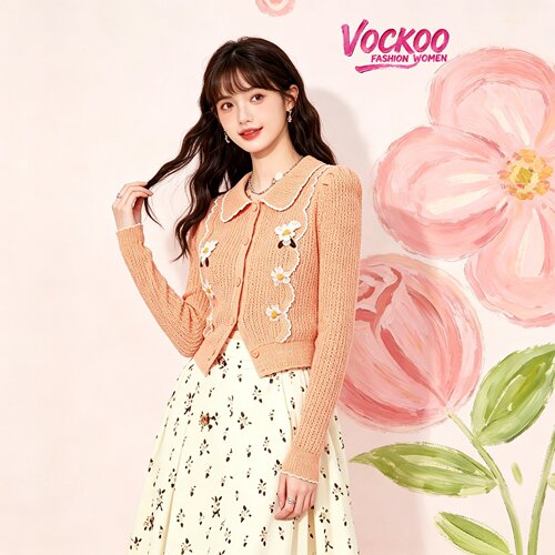 VOCKOO同款2026秋原纱优雅清新时尚珠饰荷叶领针织修身小上衣开衫
