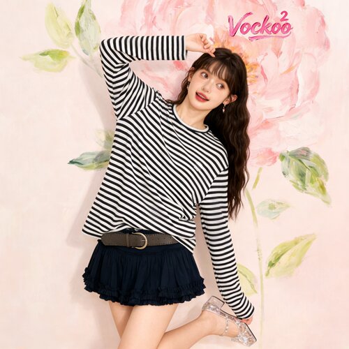 商场同款26春Vockoo百搭时尚印花条纹圆领打底长袖T恤女2K1BA20X