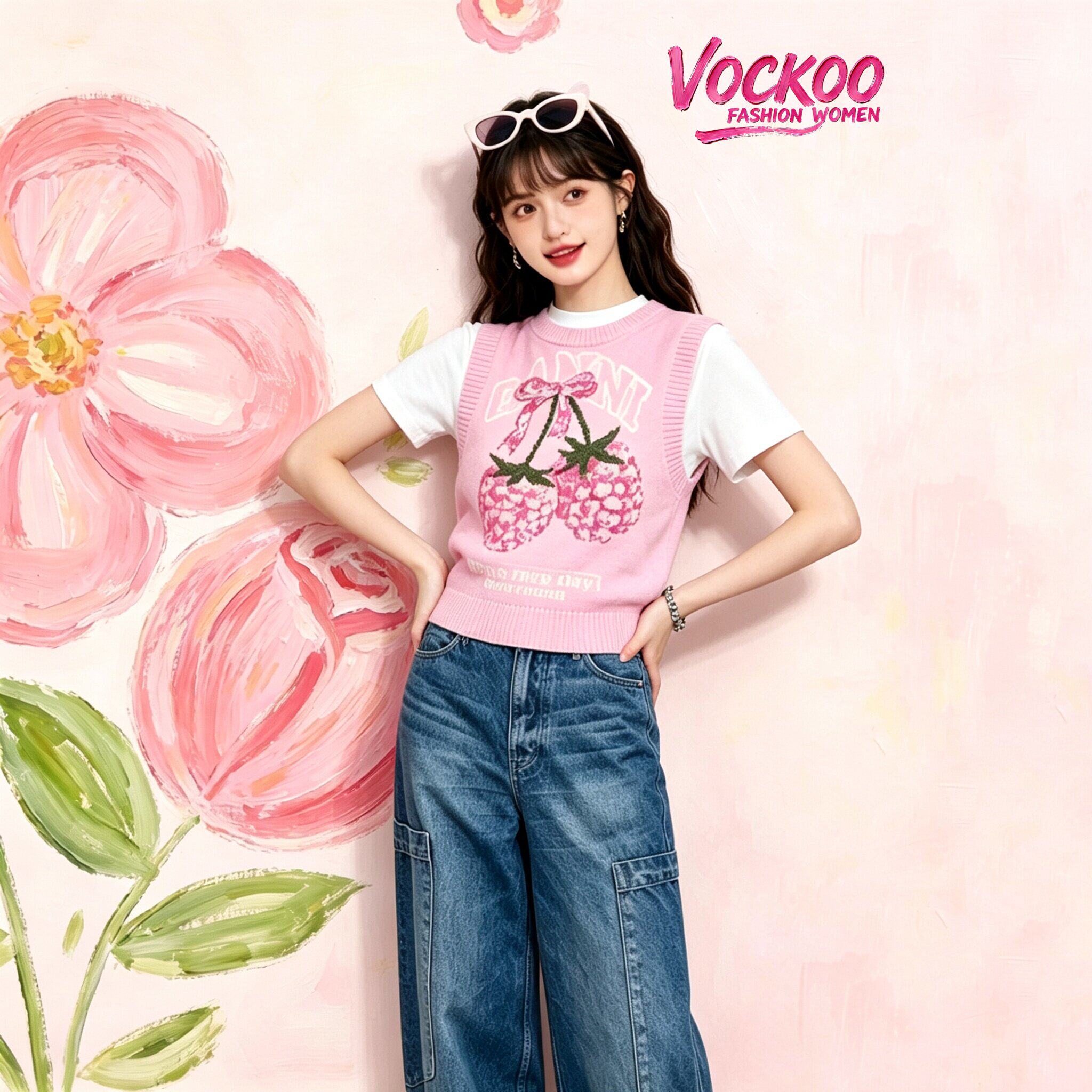 商场同款26夏Vockoo百搭时尚甜美精灵辣妹风针织背心马甲女78868Z