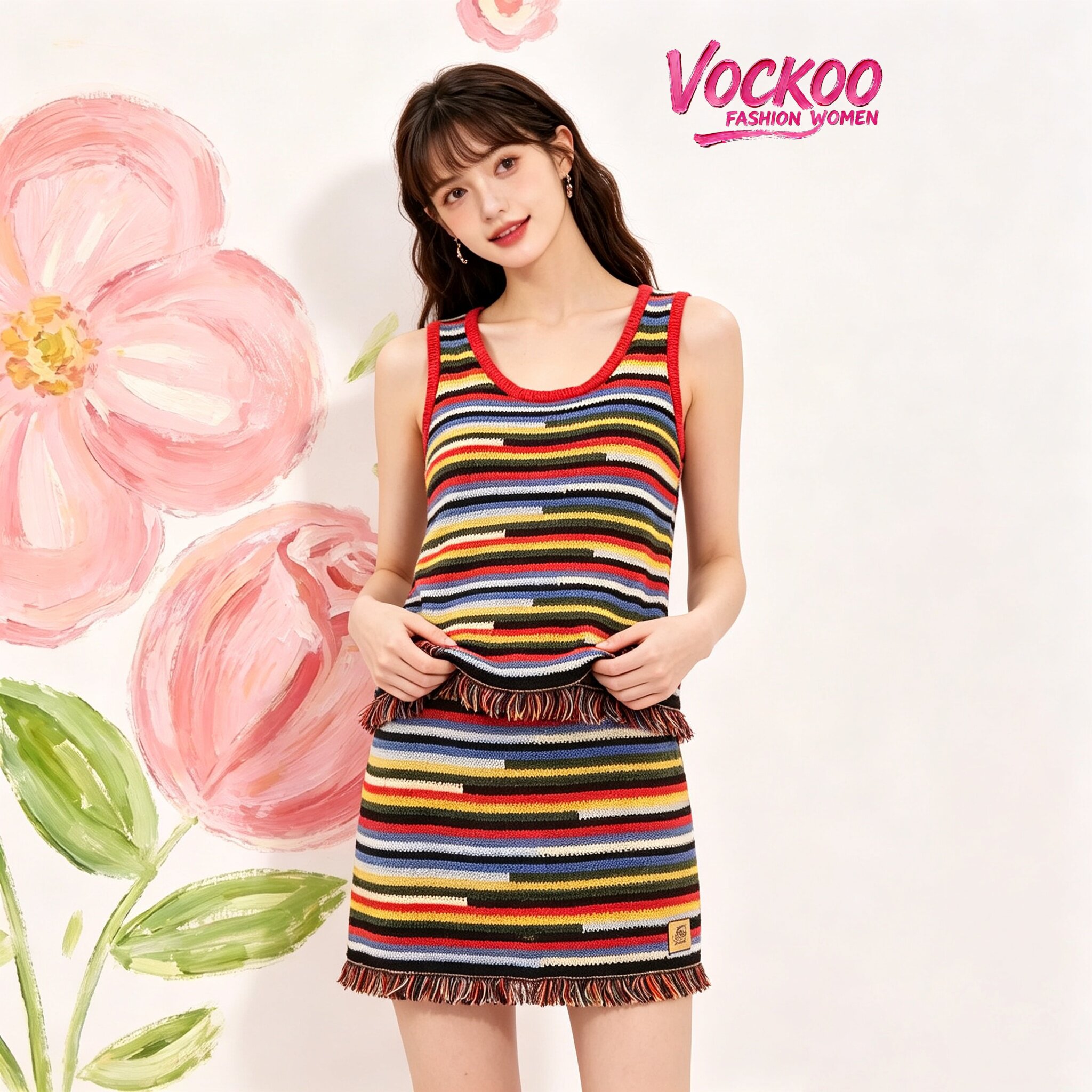 VOCKOO同款2026秋彩色条纹独特流苏百搭针织开衫+背心+半裙三件套图片