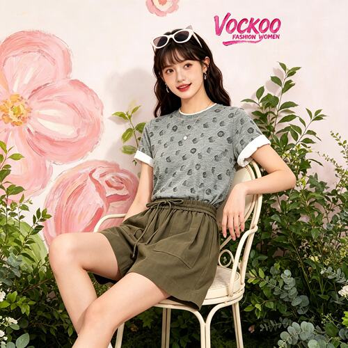 VOCKOO同款2026秋原纱时尚纯棉刺绣印花圆领套头灰色短袖T恤女