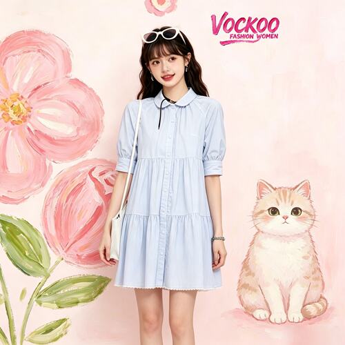 商场同款26夏Vockoo时尚少女风条纹花边娃娃裙子连衣裙女3K2OB98L