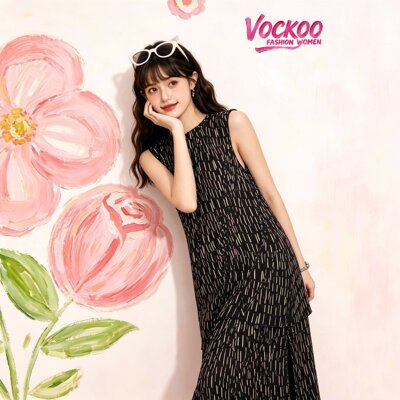 商场同款26夏Vockoo复古气质波浪纹拼接流苏无袖连衣裙女4G10570L