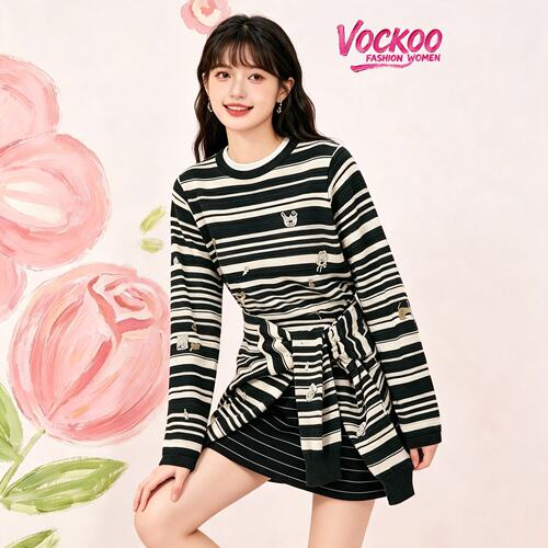 VOCKOO同款2026秋原纱宽松时尚百搭立体卡通刺绣条纹圆领针织衫女