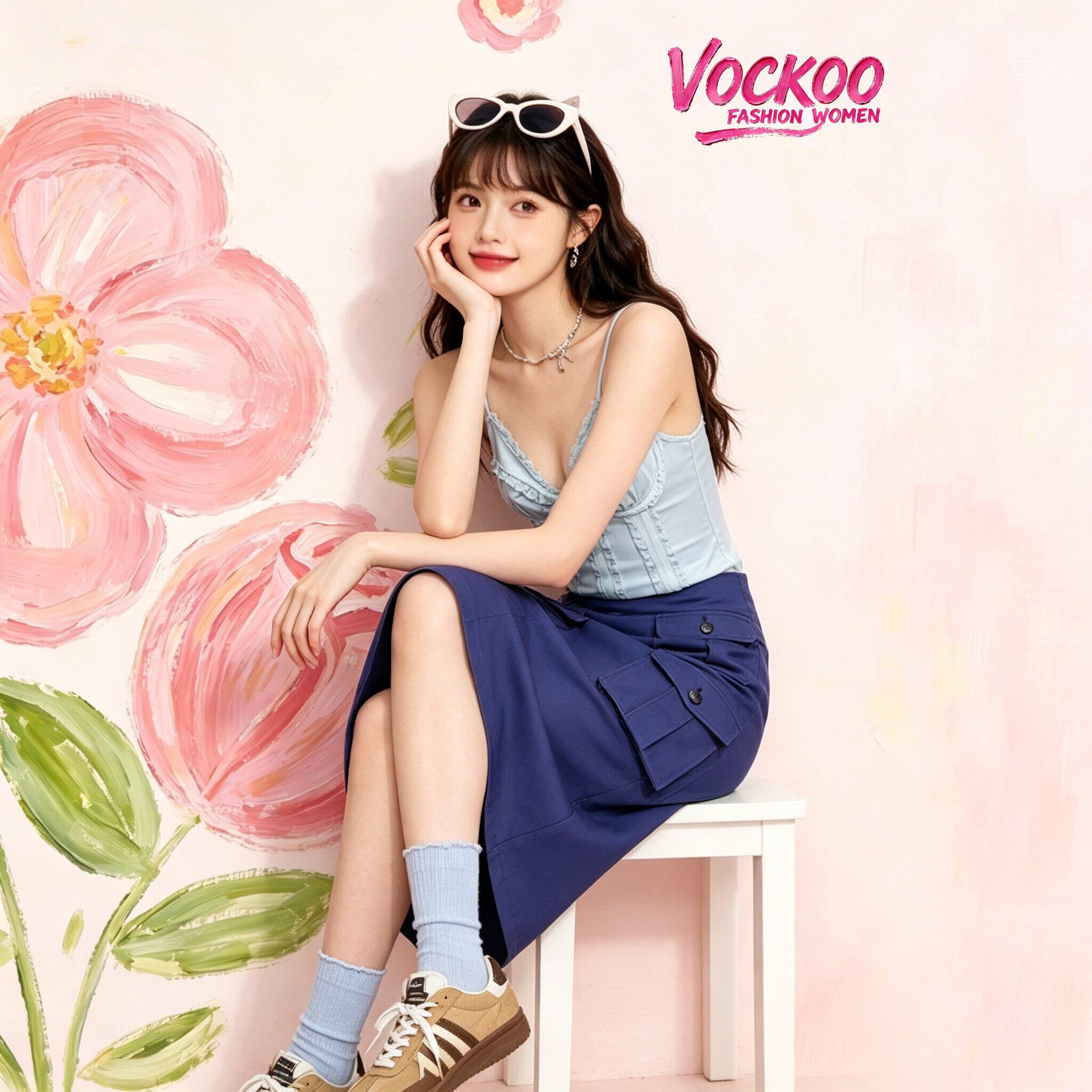 商场同款26夏Vockoo甜美优雅时尚褶皱胸衣吊带连体衣裙子DFTO05K