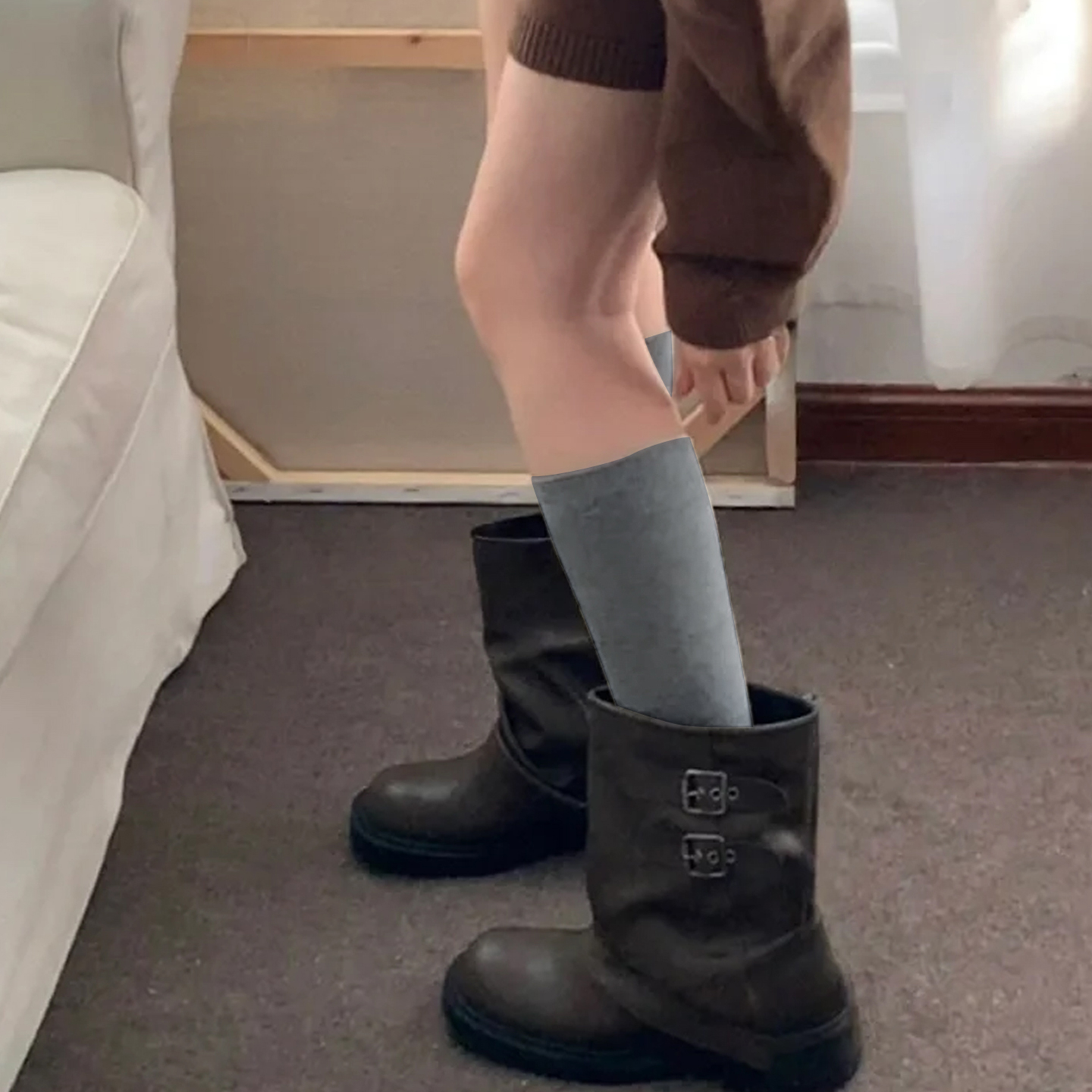 灰色小腿袜子女春秋长筒袜配靴子