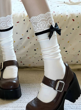 蝴蝶结蕾丝小腿袜子女款白色堆堆袜搭配玛丽珍鞋子可爱洛丽塔袜子