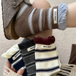 条纹袜子女春秋中筒袜子miu系堆堆袜勃肯鞋 长袜花边袜 袜子夏薄款
