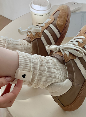 白色粗线袜子女春秋款中筒袜爱心布标潮日系堆堆袜秋冬厚袜子女款