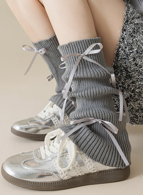 灰色蝴蝶结针织袜套女秋冬日系jk堆堆袜春秋y2k腿套亚文化小腿袜