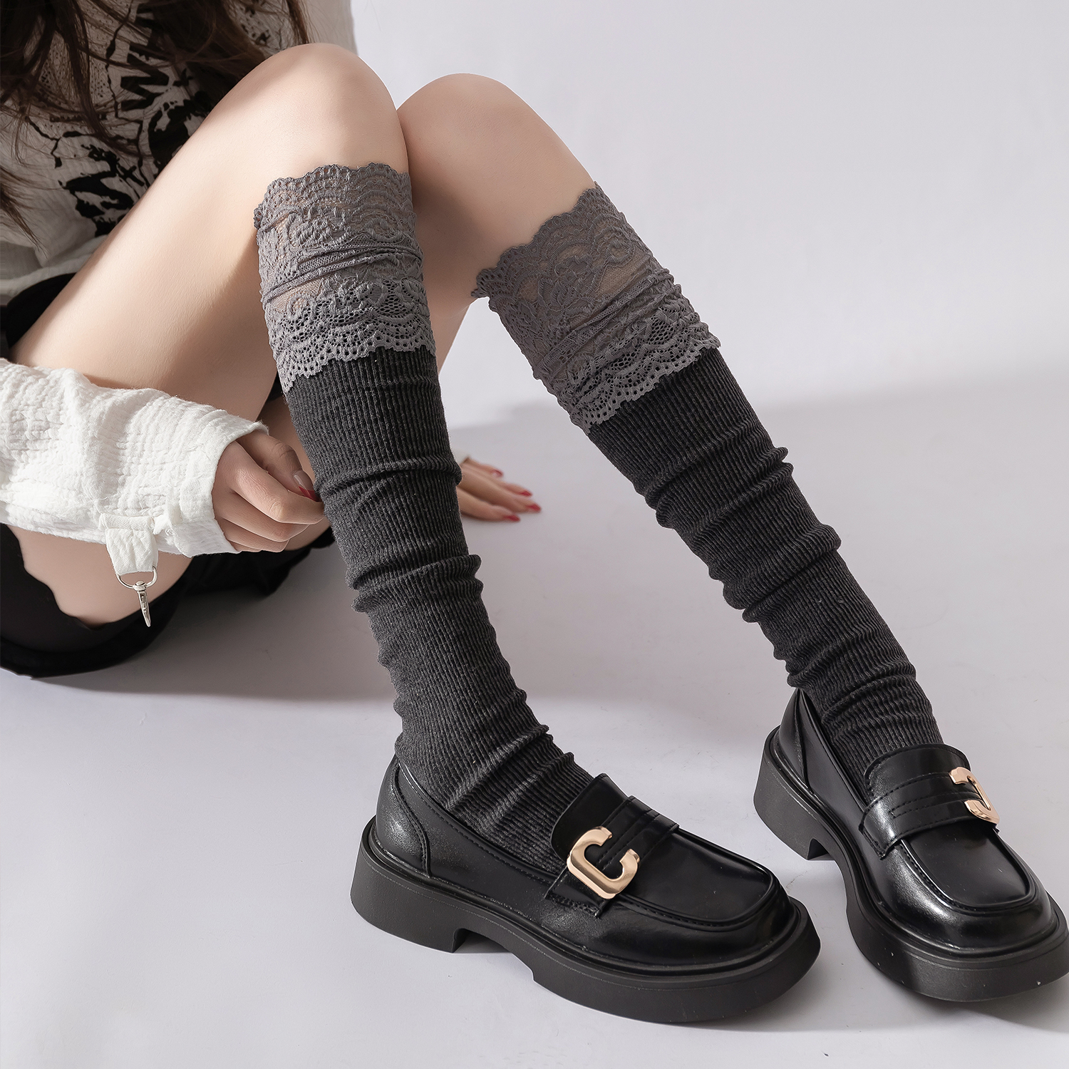 2025新款女蕾丝小腿袜灰色长筒袜