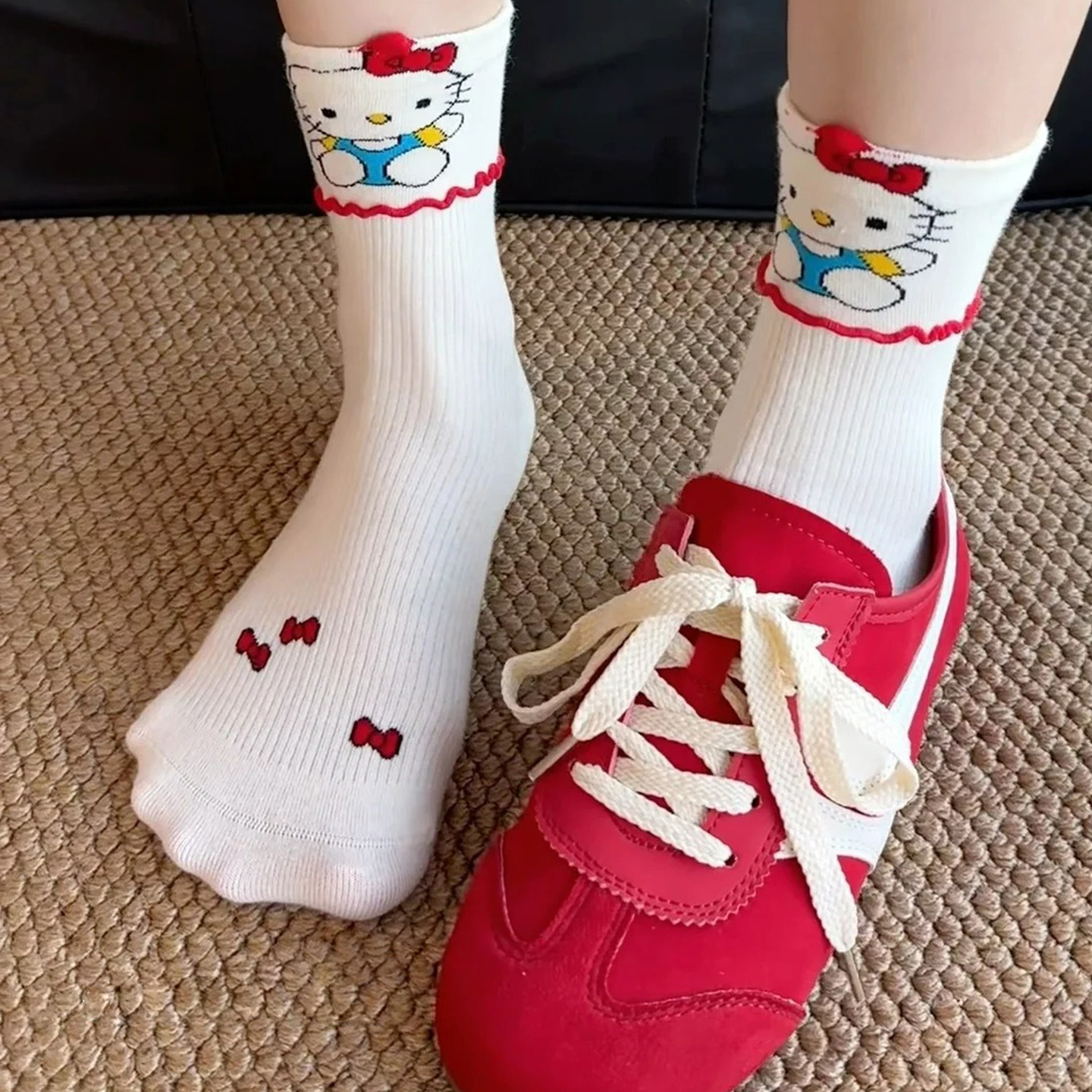 hellokitty袜子女夏薄款白色堆堆袜夏季中筒袜女可爱卡通袜花边袜