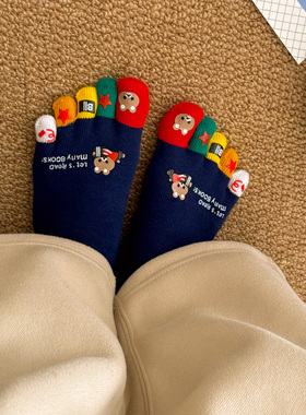 黑色瑜伽五指袜普拉提可爱卡通小熊中筒袜子女春秋款棉拇指分趾袜