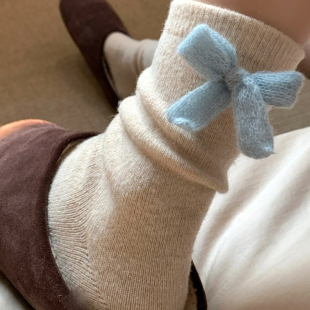 保暖袜子秋冬蝴蝶结袜子白色堆堆袜配勃肯鞋 中筒袜女秋 厚袜子女款