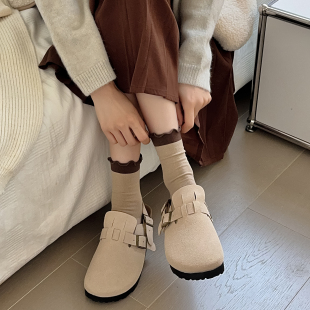 拼色花边袜子女春秋中筒木耳边堆堆袜秋冬美拉德女士长袜配勃肯鞋