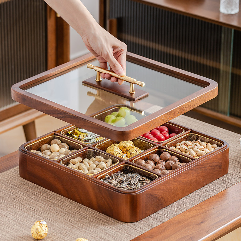 九宫格干果盘新年客厅干果收纳盒高档中式托盘实木零食果盘糖果盒