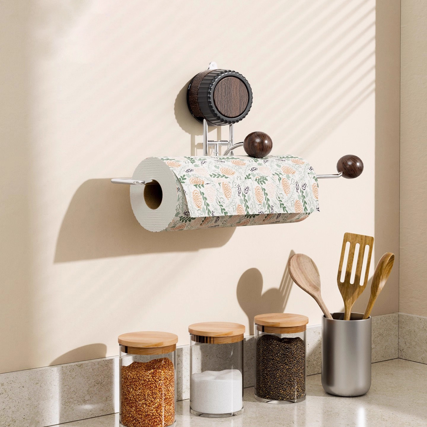 吸盘厨房纸巾架免打孔壁挂中古风不锈钢卷纸保鲜膜抹布收纳置物架